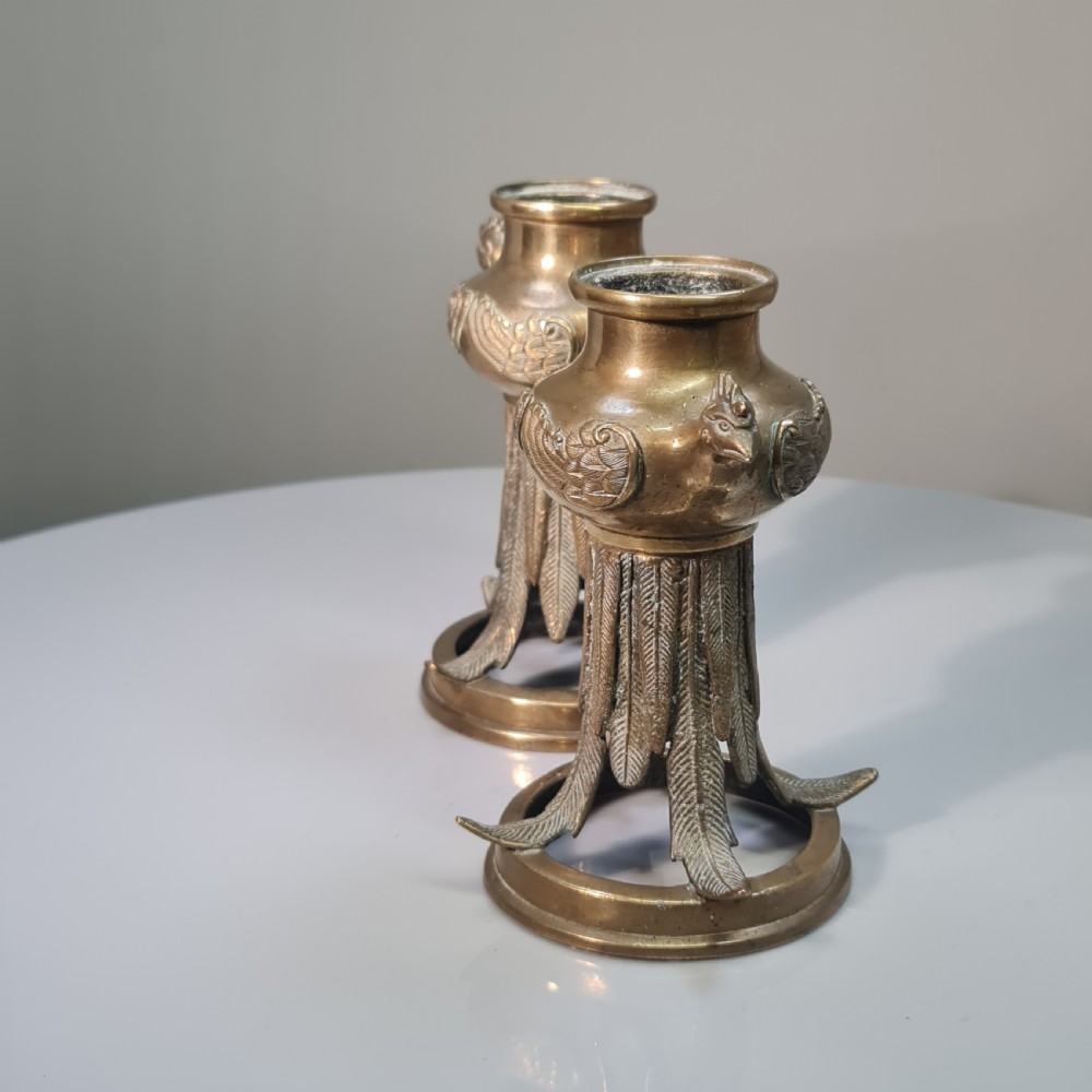 Unusual Early 19thc Bronze Candlesticks with Bird Head Terminals  View IX