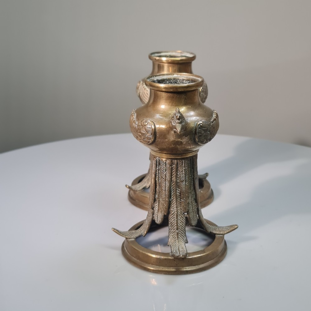Unusual Early 19thc Bronze Candlesticks with Bird Head Terminals  View X