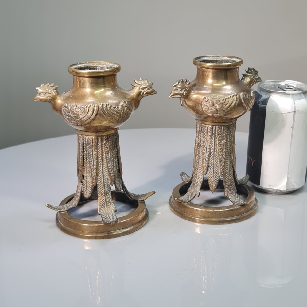 Unusual Early 19thc Bronze Candlesticks with Bird Head Terminals  View XII