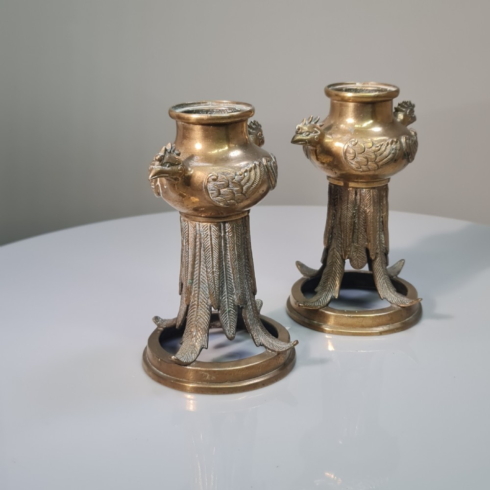 Unusual Early 19thc Bronze Candlesticks with Bird Head Terminals  View XVII