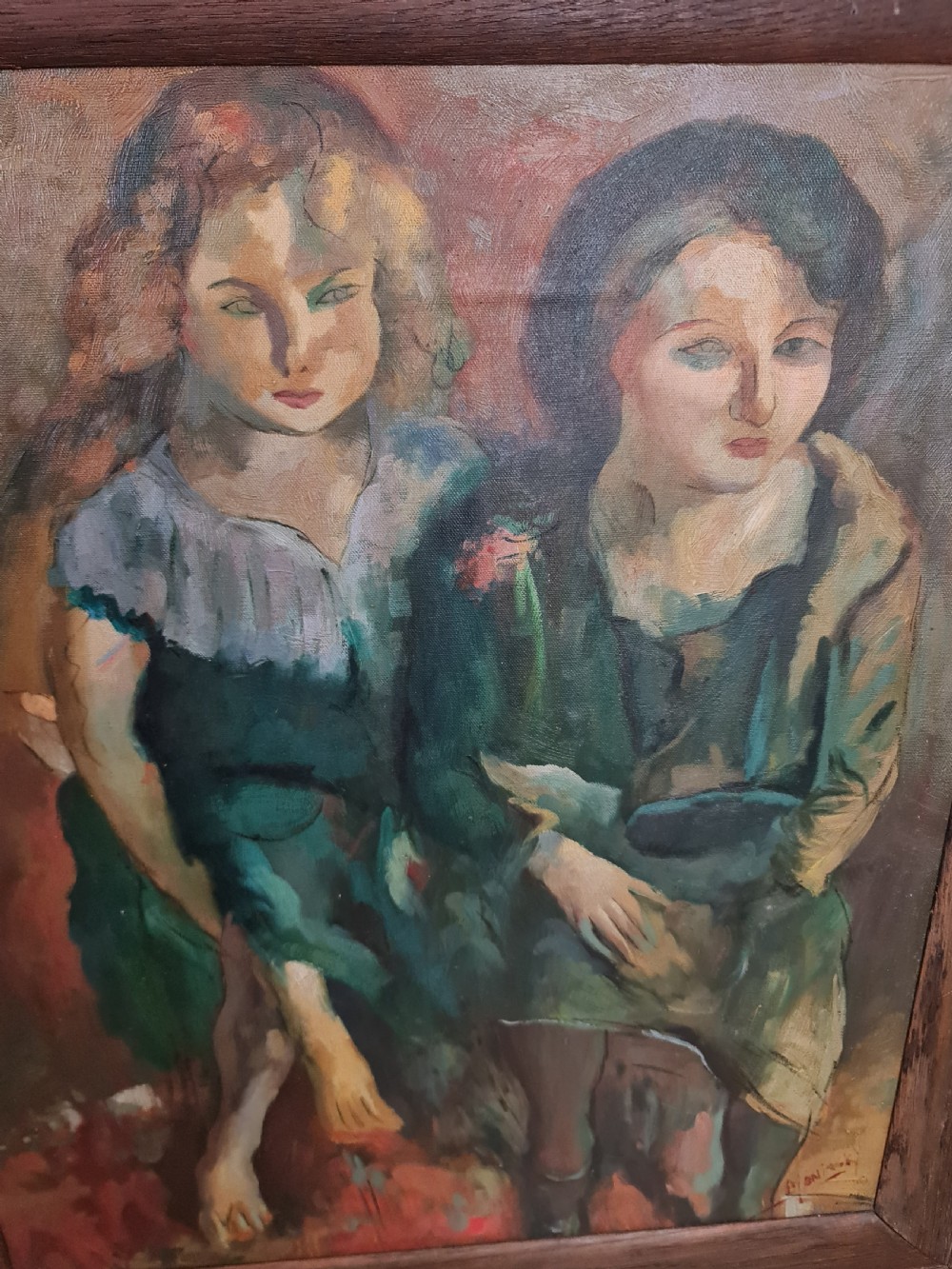 A mid-20th-century figurative oil painting depicting two female figures rendered in muted green, ochre, and brown tones, encased within a dark oak frame. View IV