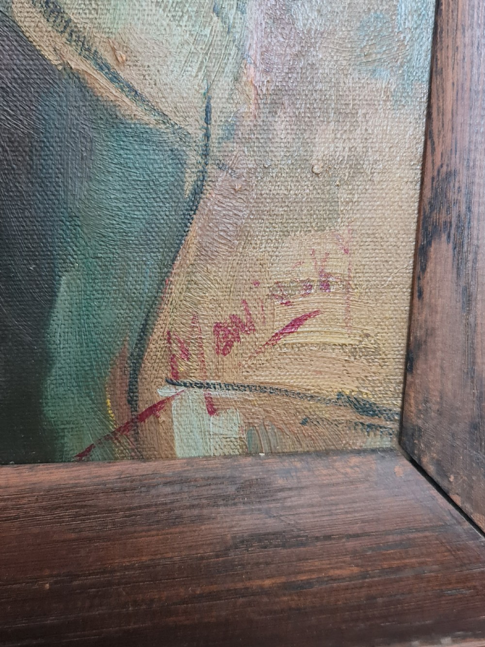 A mid-20th-century figurative oil painting depicting two female figures rendered in muted green, ochre, and brown tones, encased within a dark oak frame. View VII