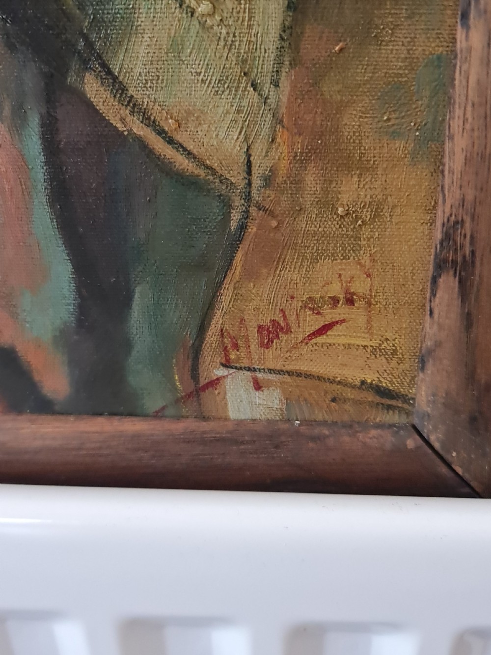 A mid-20th-century figurative oil painting depicting two female figures rendered in muted green, ochre, and brown tones, encased within a dark oak frame. View VIII