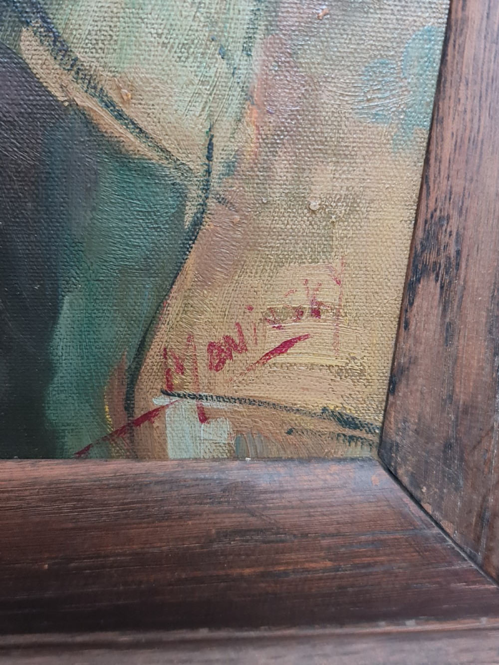 A mid-20th-century figurative oil painting depicting two female figures rendered in muted green, ochre, and brown tones, encased within a dark oak frame. View IX
