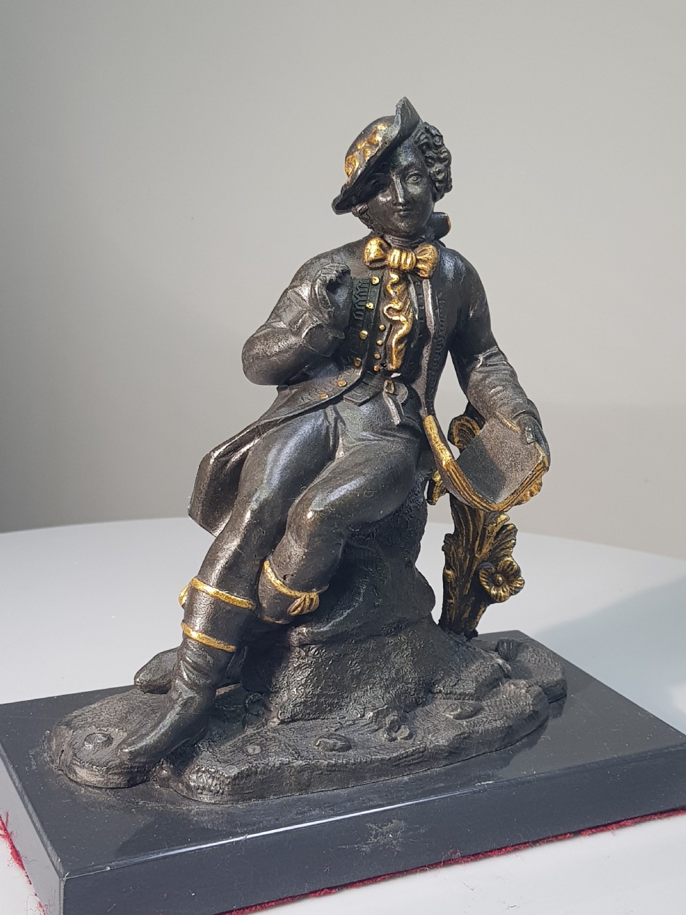 Wonderful Bronzed Spelter Seated Male with Gilded Highlightsc1870 on Marble Base