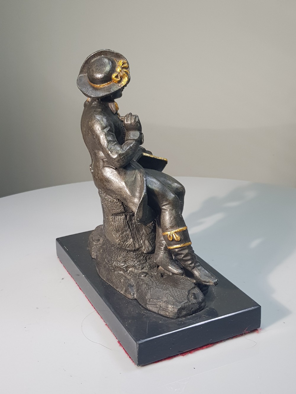 Wonderful Bronzed Spelter Seated Male with Gilded Highlightsc1870 on Marble Base View VI