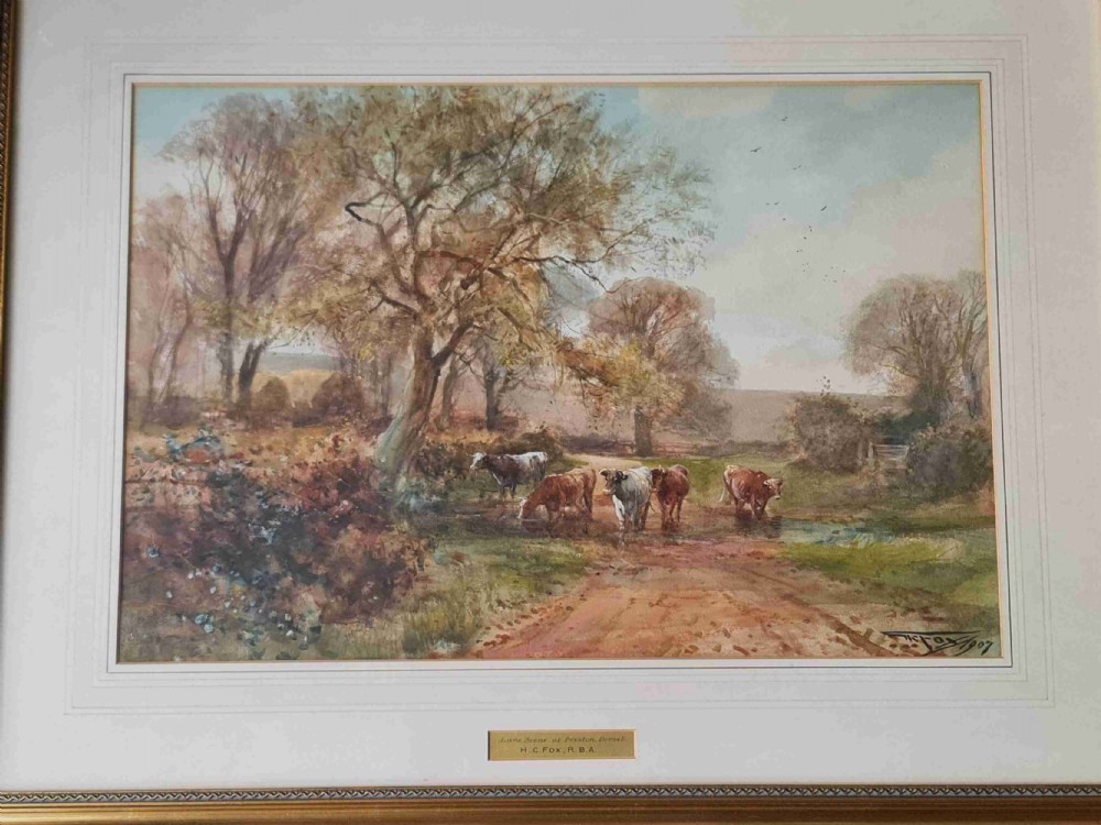 Watercolour Cattle 'Lane Scene' by Henry Charles Fox R.B.A c1900 View II