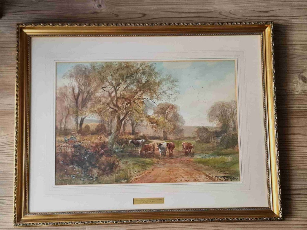 Watercolour Cattle 'Lane Scene' by Henry Charles Fox R.B.A c1900