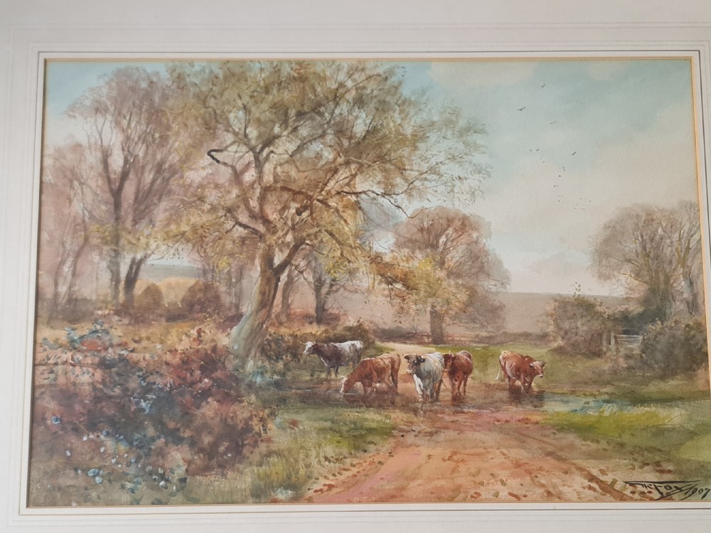Watercolour Cattle 'Lane Scene' by Henry Charles Fox R.B.A c1900 View III