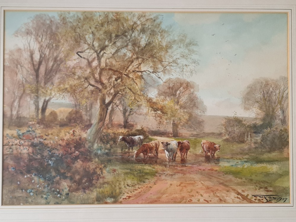 Watercolour Cattle 'Lane Scene' by Henry Charles Fox R.B.A c1900 View IV