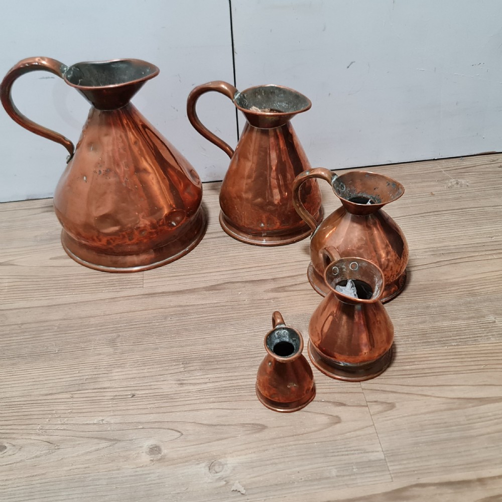 Fabulous Antique Set of 5 x Graduated Copper Jugs Gallon,Pint Etc.