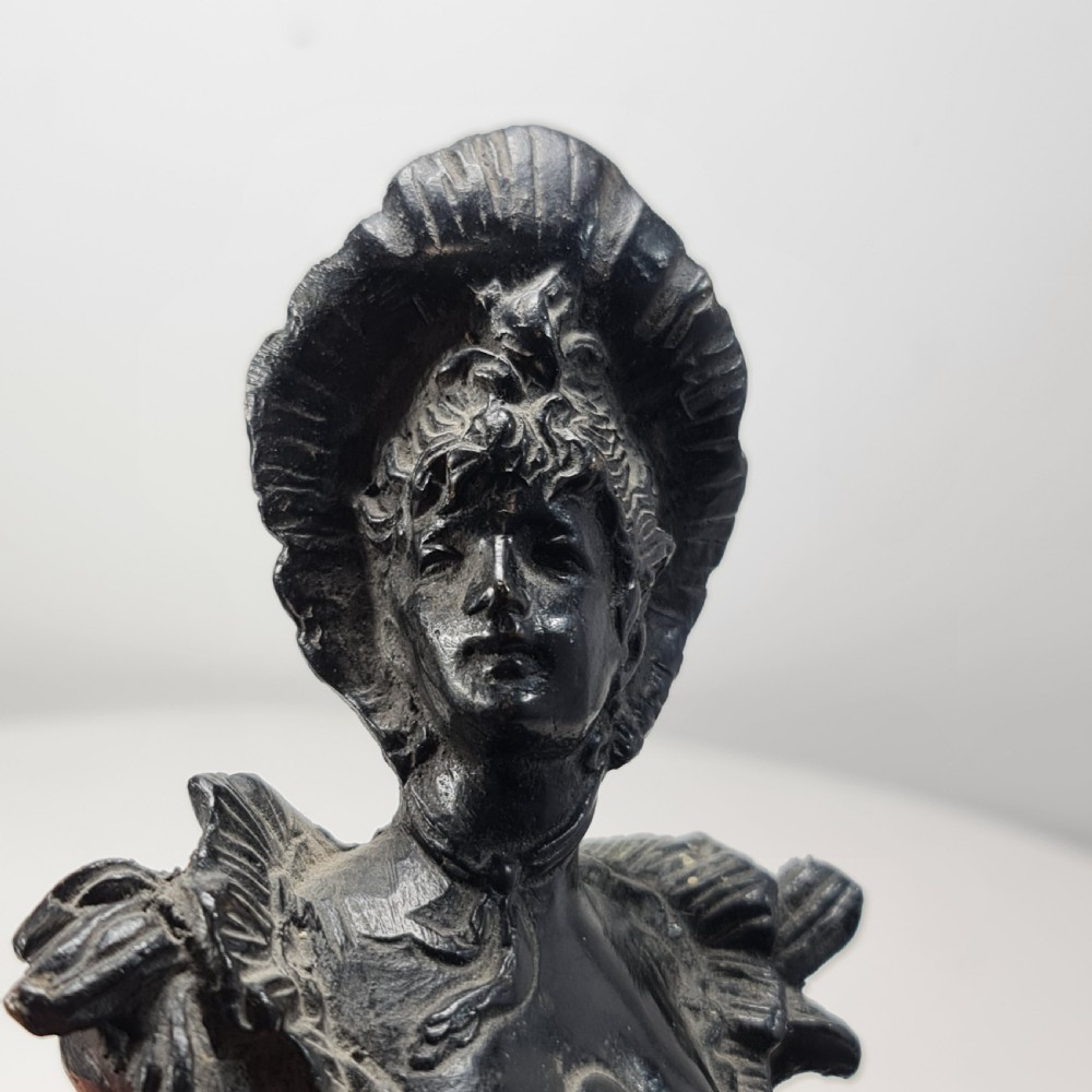 Delightful Art Nouveau Bronze Bust of an Attractive Female wearing a Hat c1910 View V