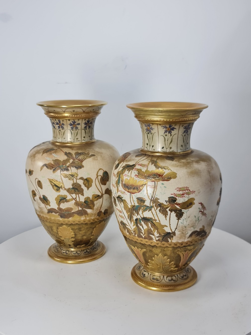 Beautiful Doulton Burslem Pair Faience Floral Vases c1900 View II
