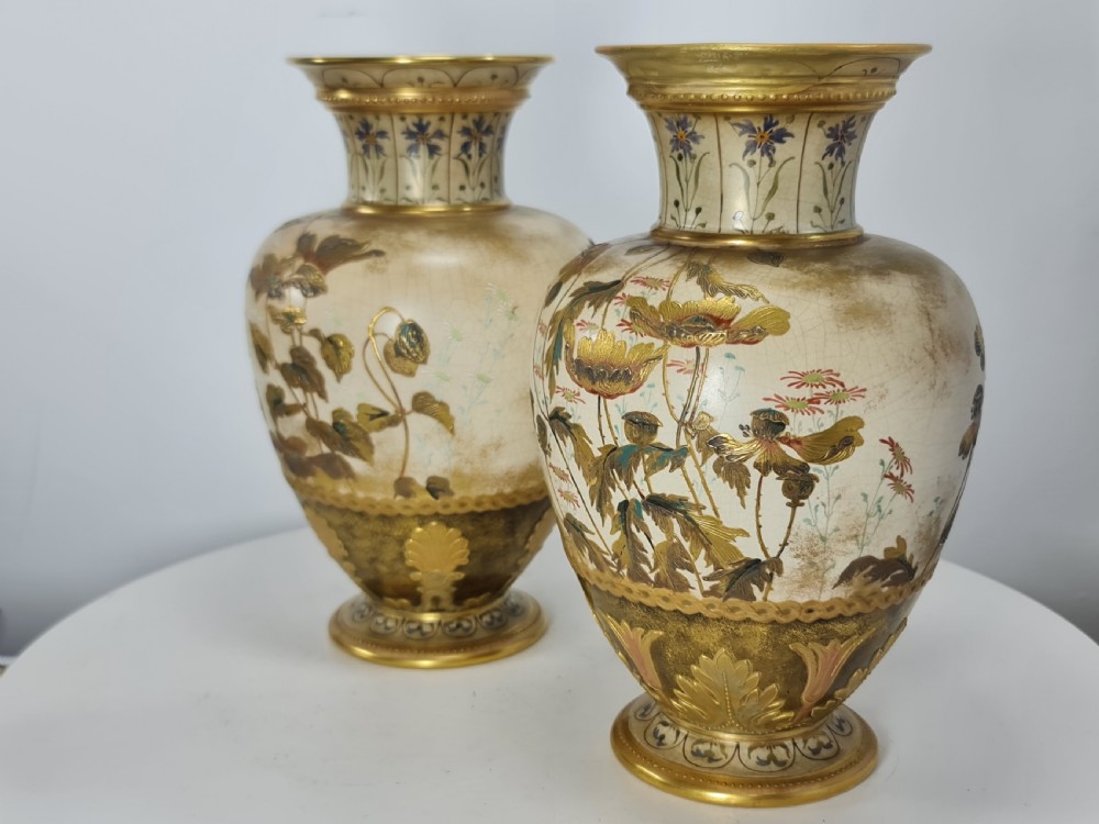 Beautiful Doulton Burslem Pair Faience Floral Vases c1900 View III