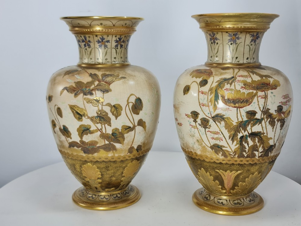 Beautiful Doulton Burslem Pair Faience Floral Vases c1900 View IV