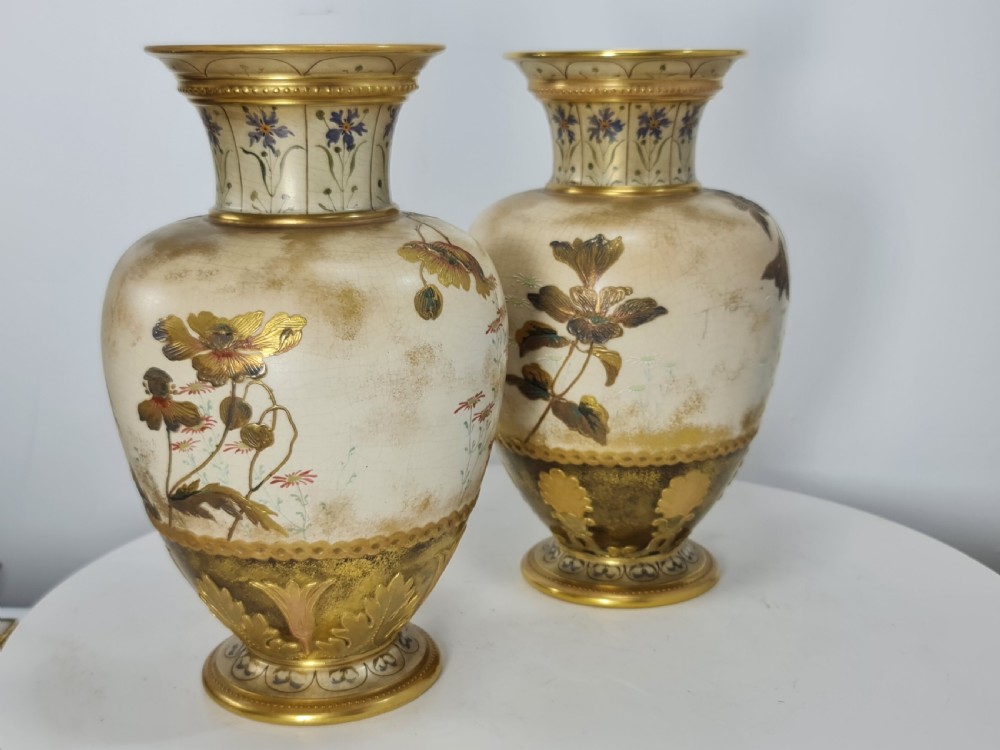 Beautiful Doulton Burslem Pair Faience Floral Vases c1900 View X