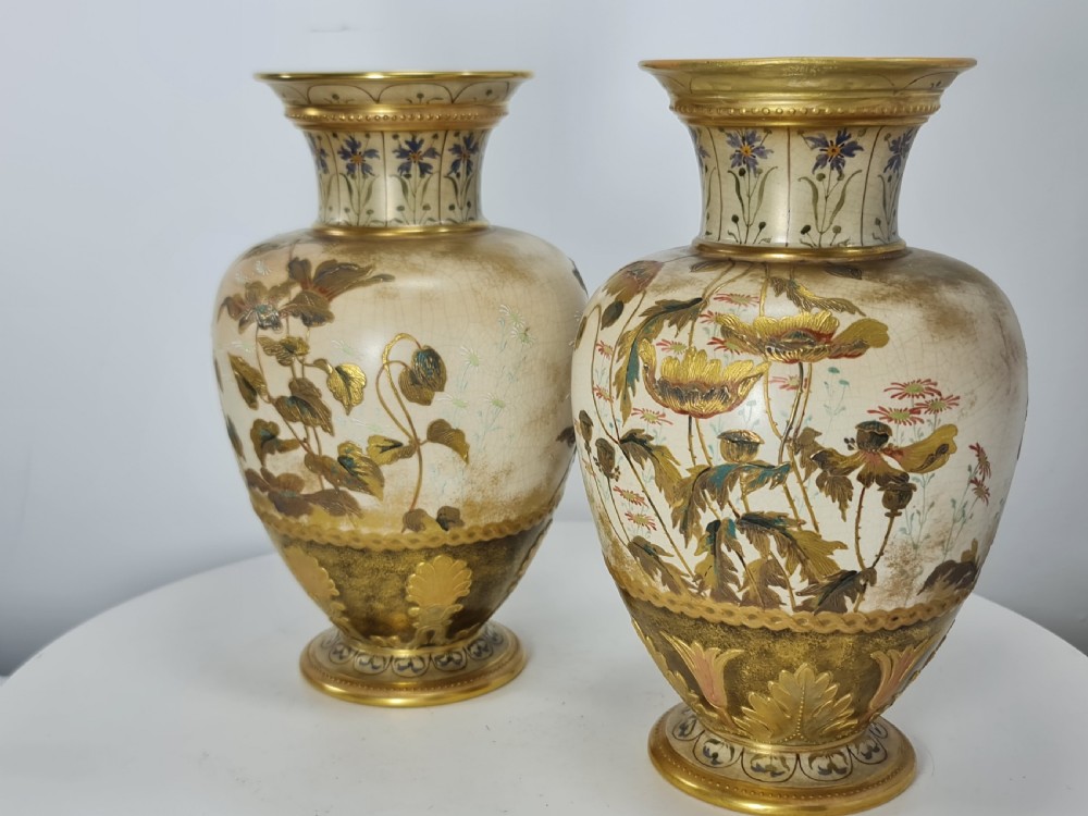 Beautiful Doulton Burslem Pair Faience Floral Vases c1900 View XI