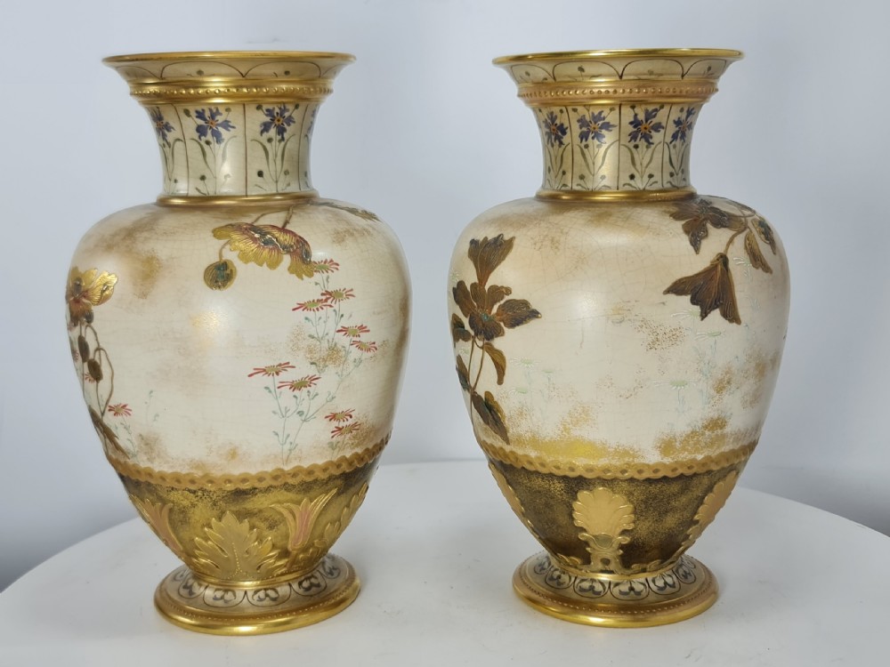 Beautiful Doulton Burslem Pair Faience Floral Vases c1900 View XII
