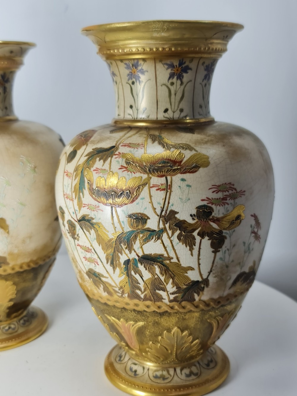 Beautiful Doulton Burslem Pair Faience Floral Vases c1900 View XIV