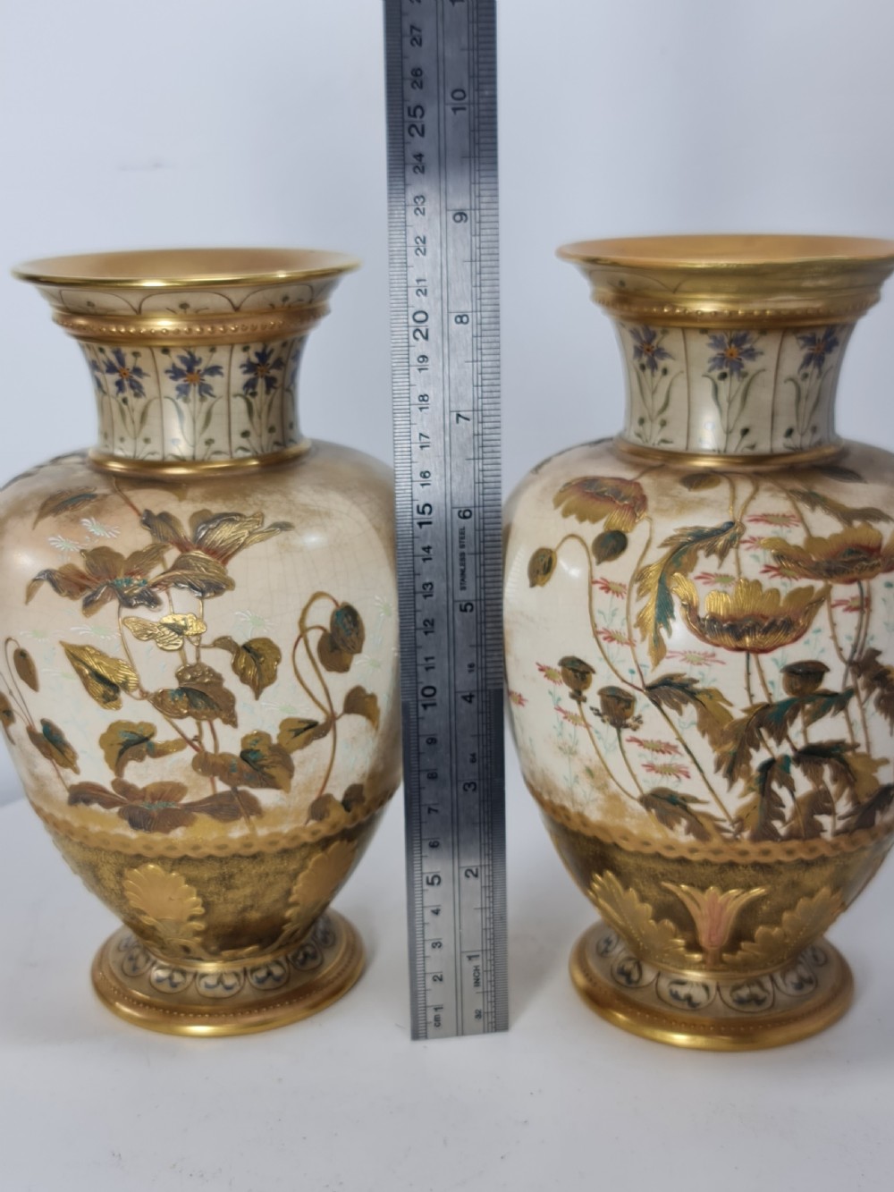 Beautiful Doulton Burslem Pair Faience Floral Vases c1900 View XX