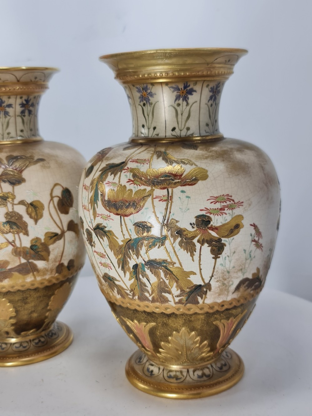 Beautiful Doulton Burslem Pair Faience Floral Vases c1900 View XXV