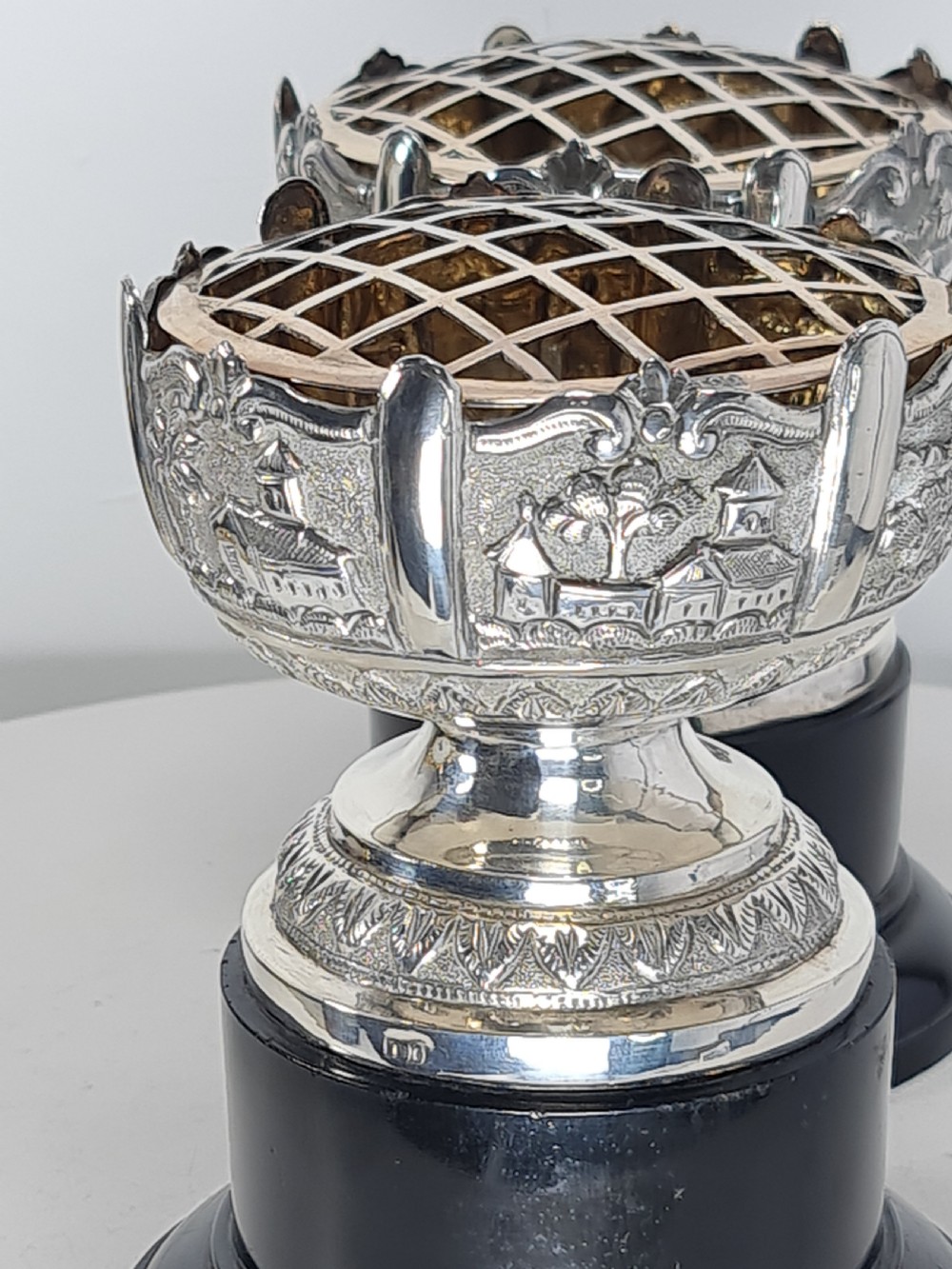Beautiful Antique Pr Indian Silver Rose Bowls on Stands c1900 View II