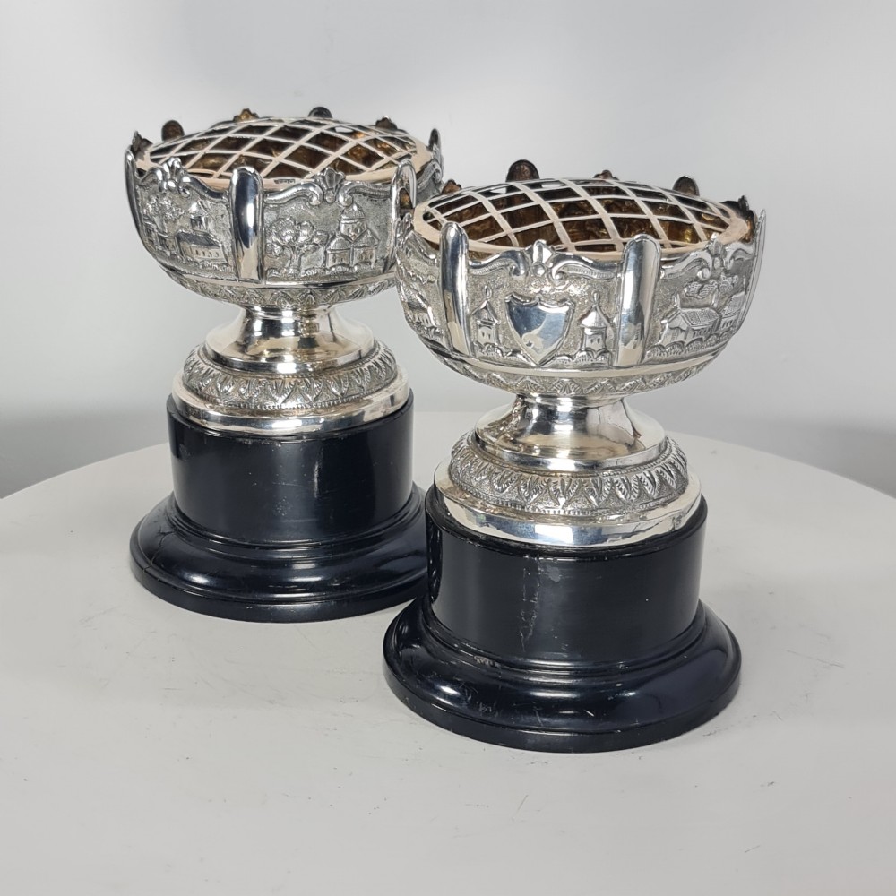 Beautiful Antique Pr Indian Silver Rose Bowls on Stands c1900 View III