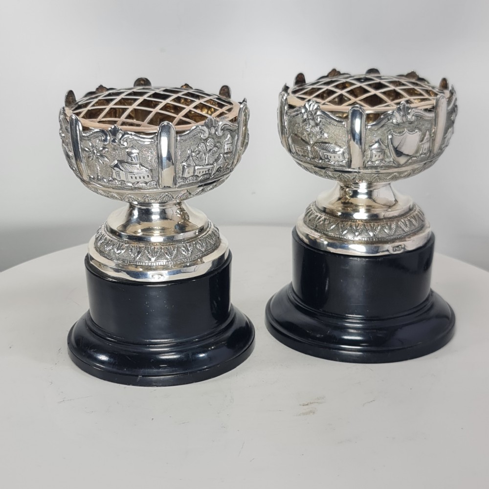 Beautiful Antique Pr Indian Silver Rose Bowls on Stands c1900 View IV