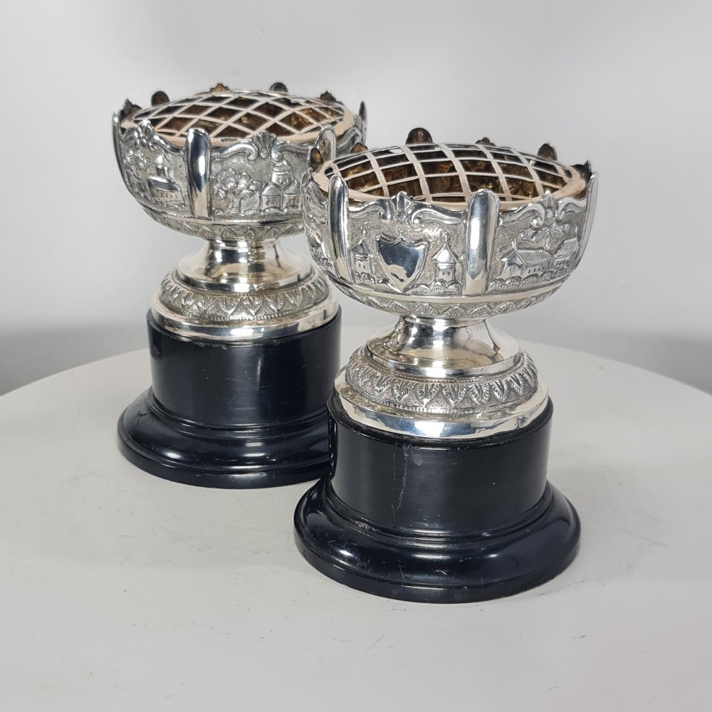Beautiful Antique Pr Indian Silver Rose Bowls on Stands c1900 View V