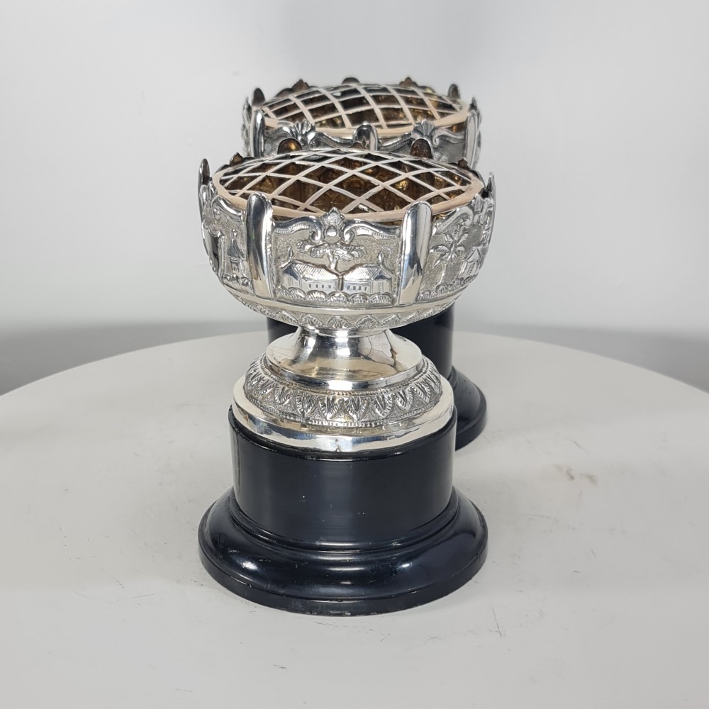 Beautiful Antique Pr Indian Silver Rose Bowls on Stands c1900 View VIII