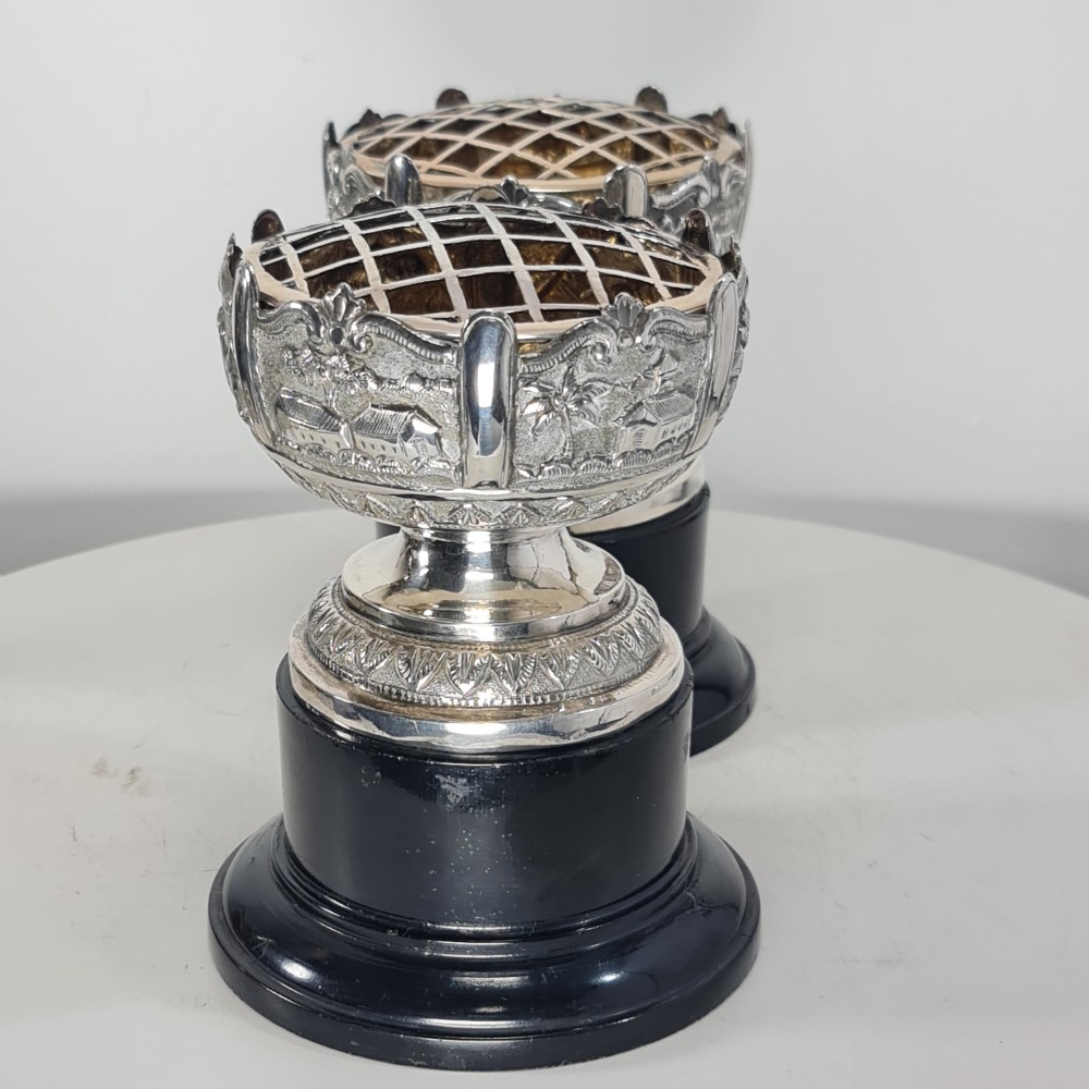 Beautiful Antique Pr Indian Silver Rose Bowls on Stands c1900 View X