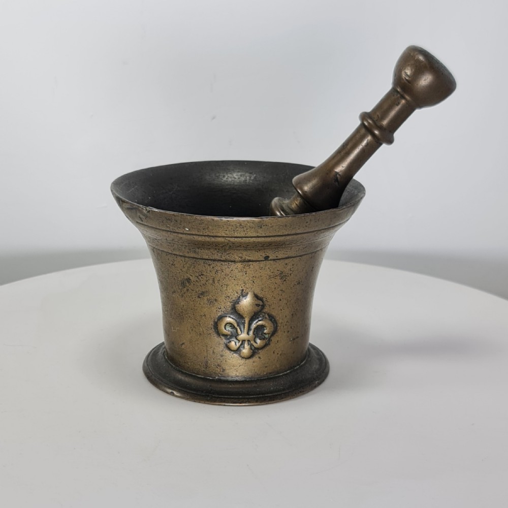 Fabulous 18thc Bronze Mortar and Pestle with Fleur De Lys Design