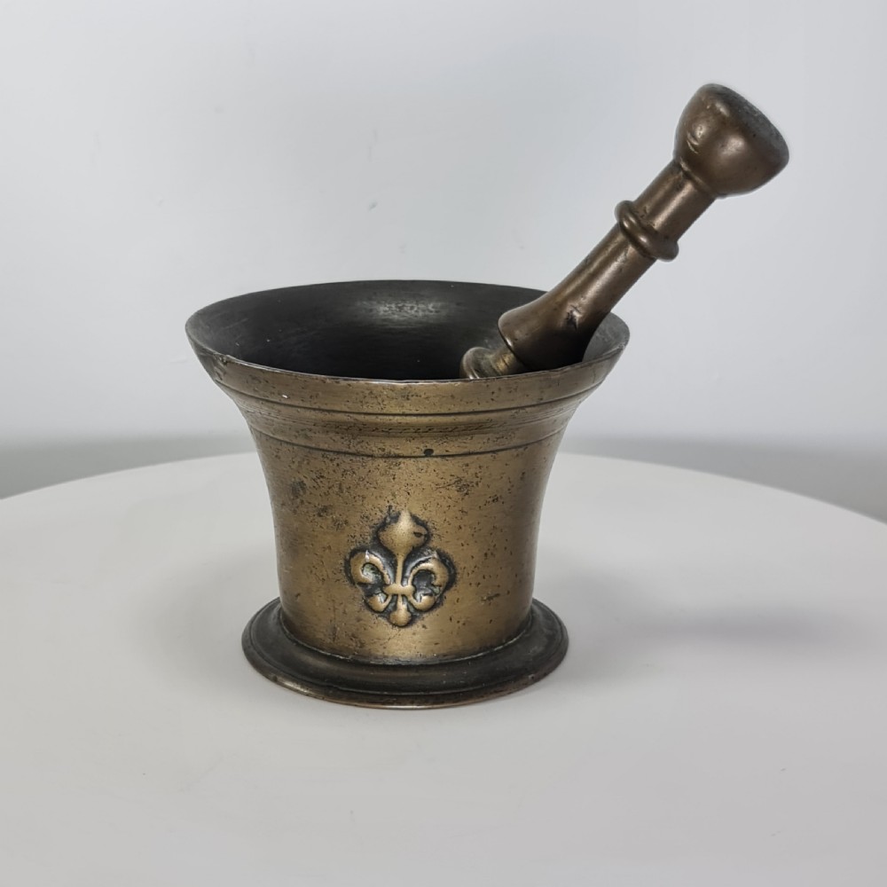 Fabulous 18thc Bronze Mortar and Pestle with Fleur De Lys Design View II