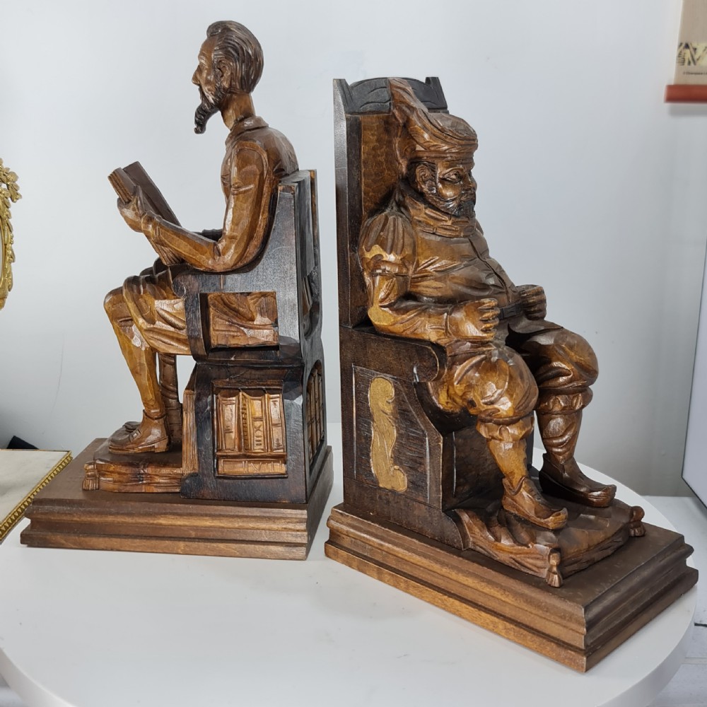 Fabulous Large Antique Carved Wooden Bookends - Shakespeare Falstaff & Bardolph c1920 View II