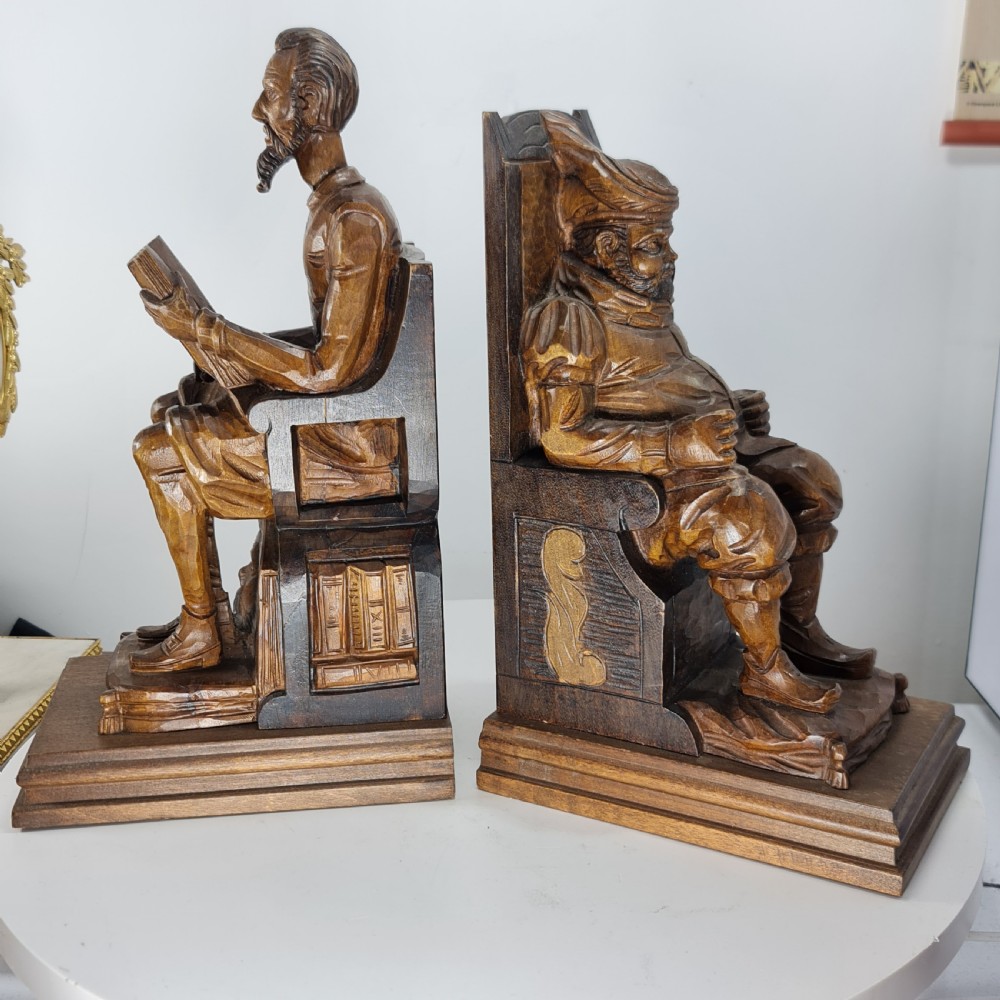 Fabulous Large Antique Carved Wooden Bookends - Shakespeare Falstaff & Bardolph c1920 View IV