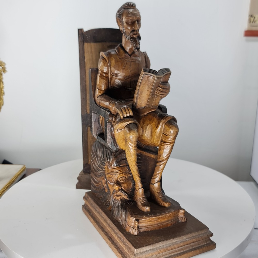 Fabulous Large Antique Carved Wooden Bookends - Shakespeare Falstaff & Bardolph c1920 View V