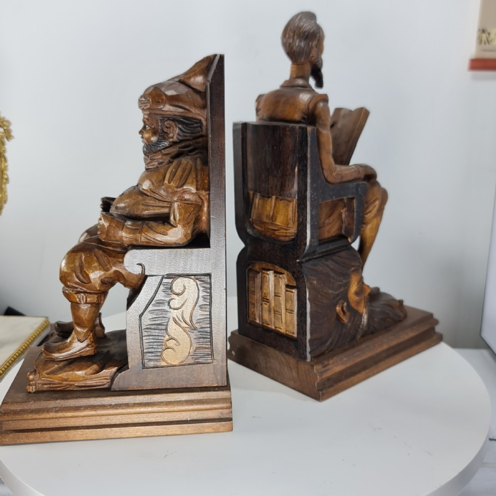 Fabulous Large Antique Carved Wooden Bookends - Shakespeare Falstaff & Bardolph c1920 View VI