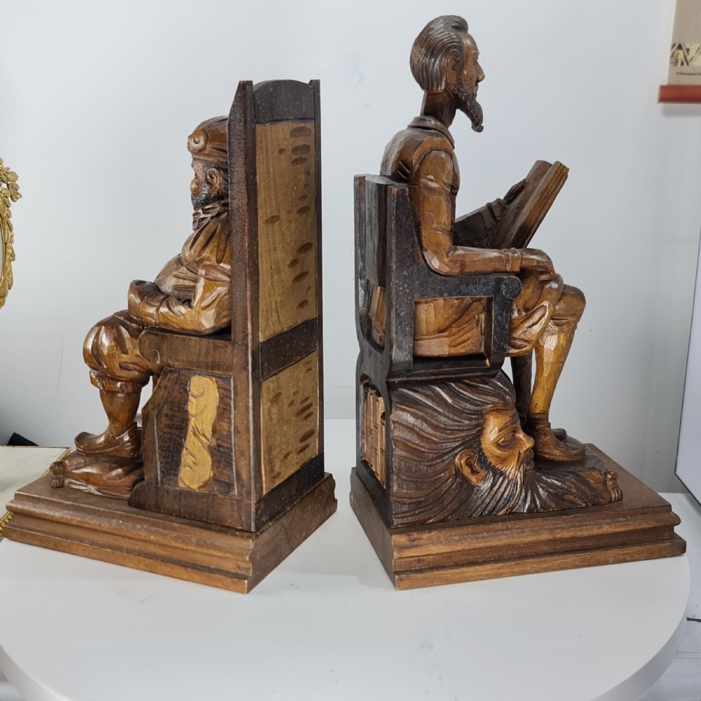Fabulous Large Antique Carved Wooden Bookends - Shakespeare Falstaff & Bardolph c1920 View VII