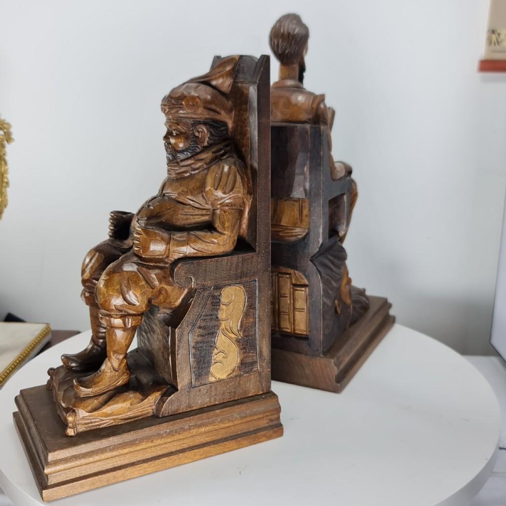 Fabulous Large Antique Carved Wooden Bookends - Shakespeare Falstaff & Bardolph c1920 View VIII