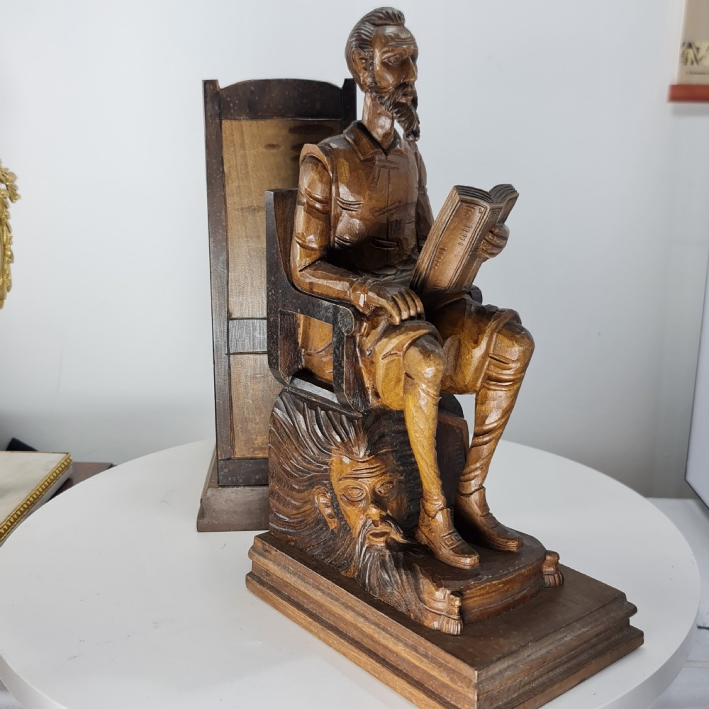 Fabulous Large Antique Carved Wooden Bookends - Shakespeare Falstaff & Bardolph c1920 View IX