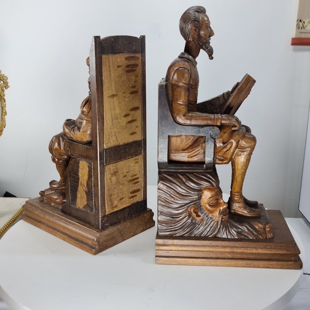 Fabulous Large Antique Carved Wooden Bookends - Shakespeare Falstaff & Bardolph c1920 View X
