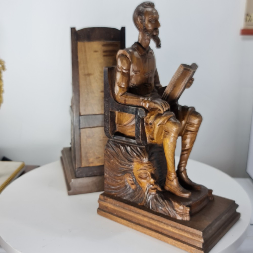 Fabulous Large Antique Carved Wooden Bookends - Shakespeare Falstaff & Bardolph c1920 View XI