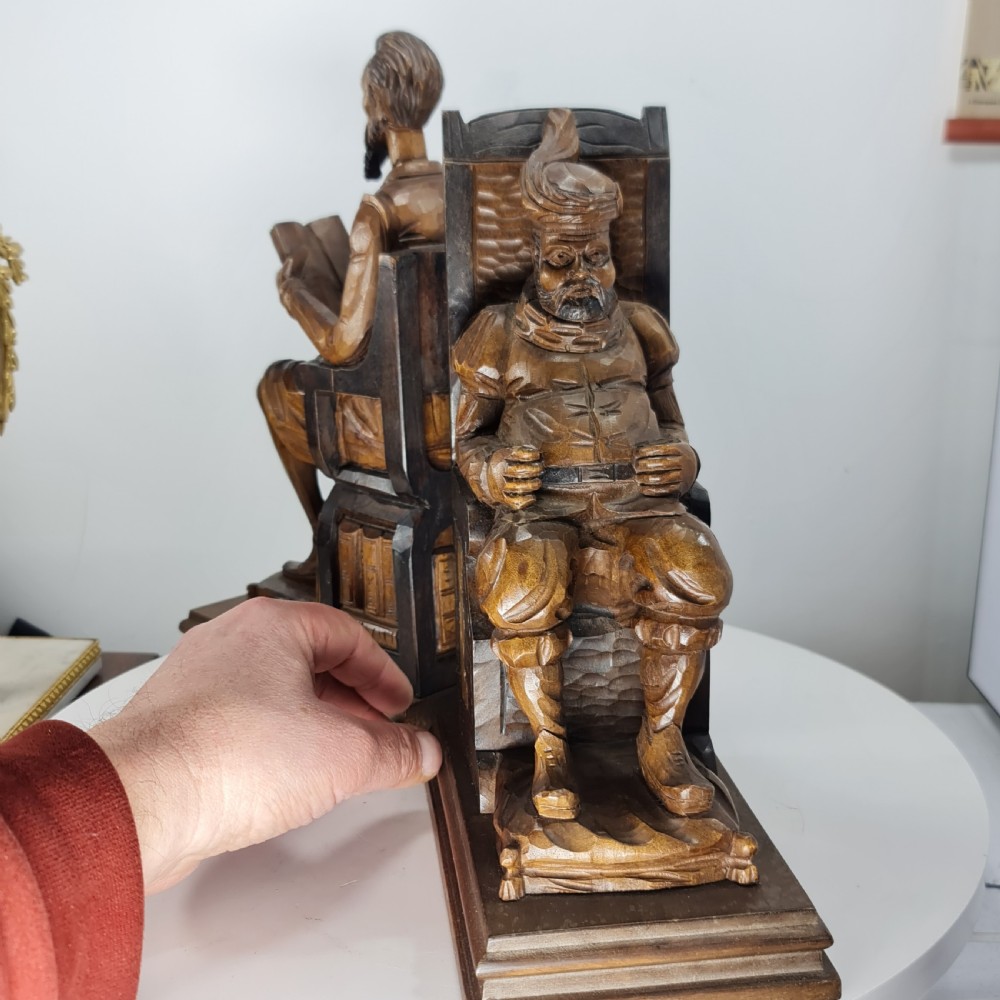 Fabulous Large Antique Carved Wooden Bookends - Shakespeare Falstaff & Bardolph c1920 View XII