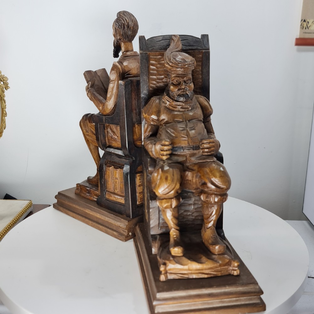 Fabulous Large Antique Carved Wooden Bookends - Shakespeare Falstaff & Bardolph c1920 View XIII