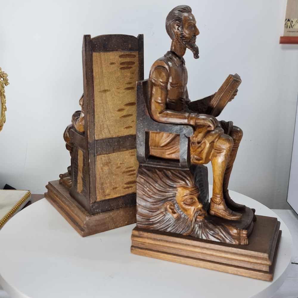 Fabulous Large Antique Carved Wooden Bookends - Shakespeare Falstaff & Bardolph c1920 View XVI
