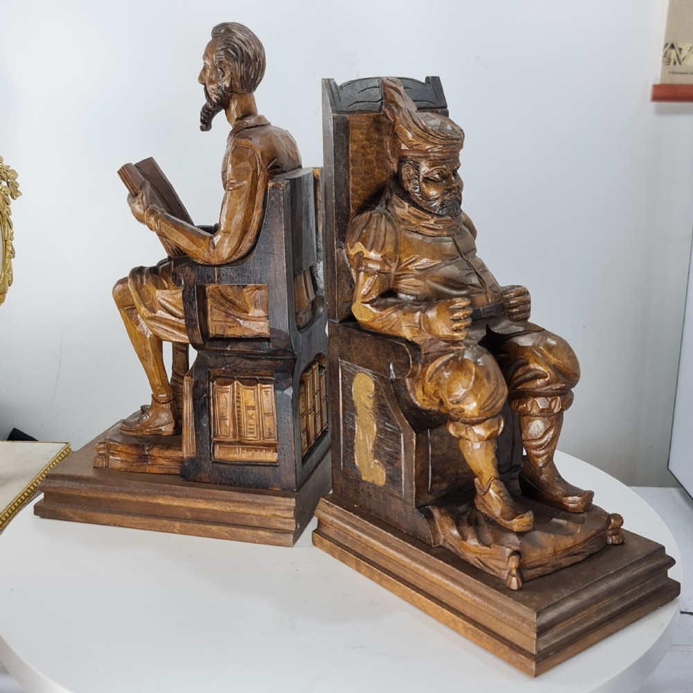 Fabulous Large Antique Carved Wooden Bookends - Shakespeare Falstaff & Bardolph c1920 View XVII