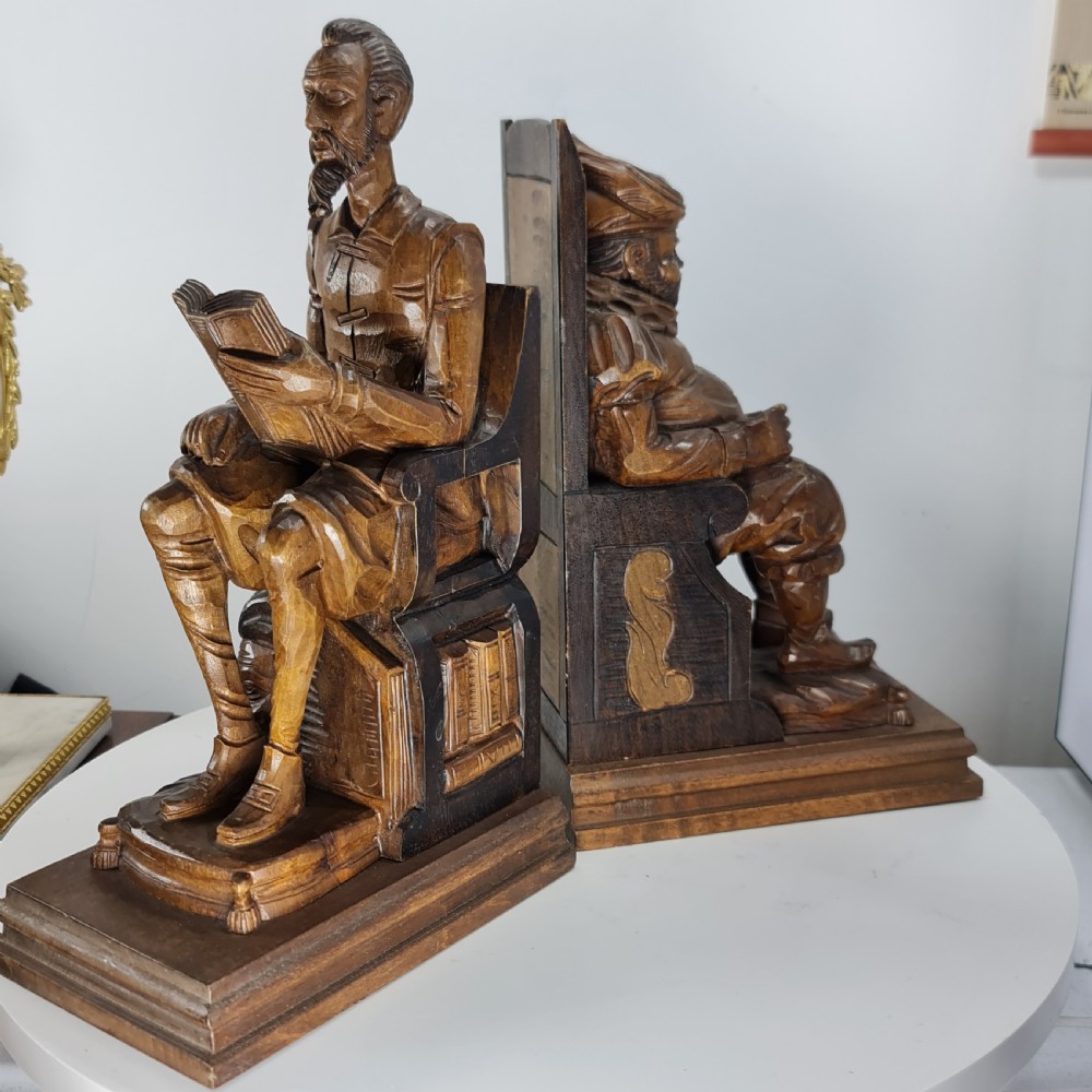 Fabulous Large Antique Carved Wooden Bookends - Shakespeare Falstaff & Bardolph c1920 View XVIII