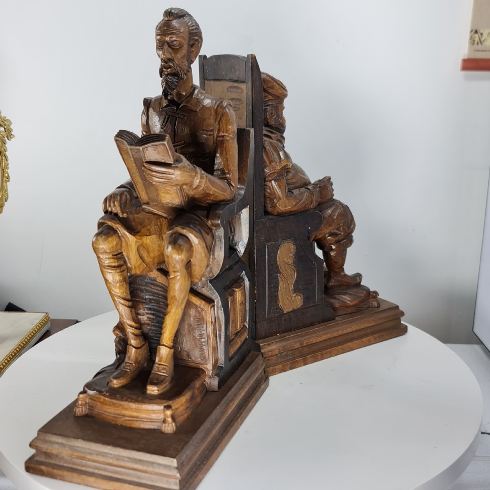 Fabulous Large Antique Carved Wooden Bookends - Shakespeare Falstaff & Bardolph c1920 View XIX