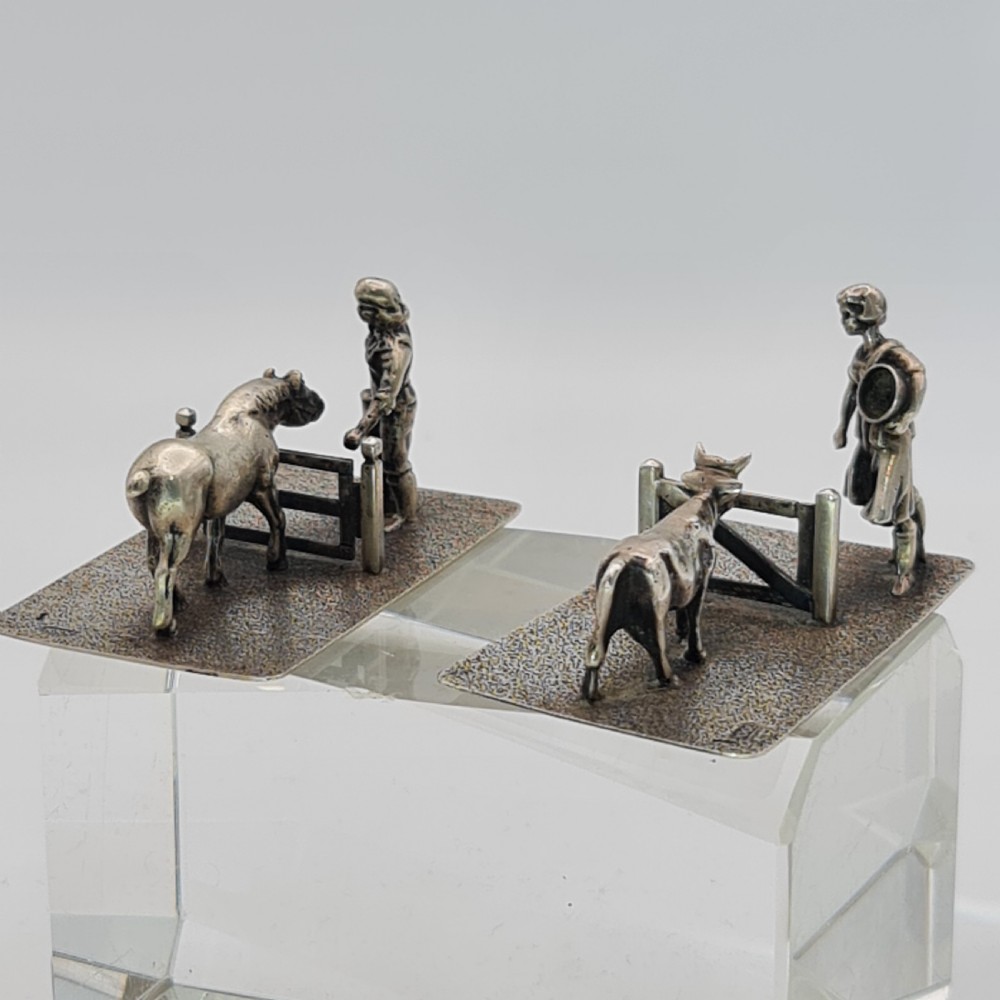 Fine Quality Antique Pr Dutch Silver Farmers and their Cattle c1920s View II