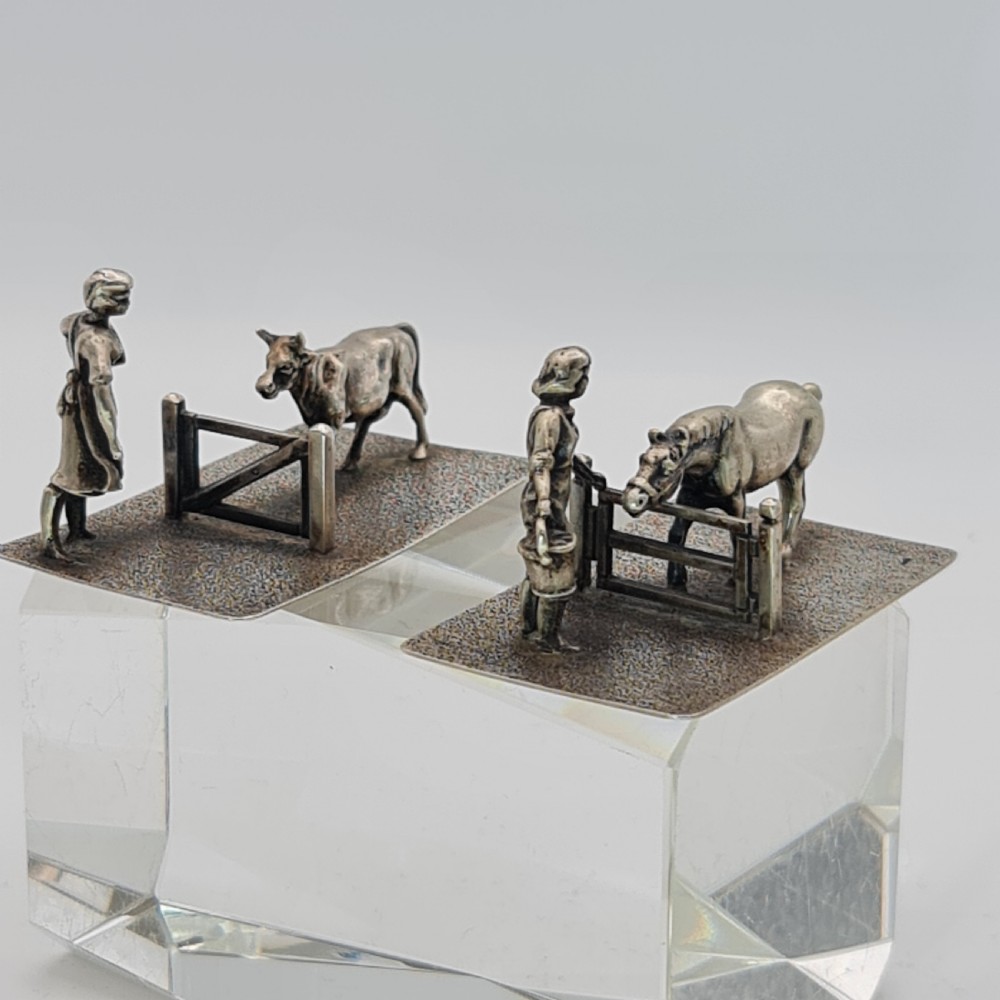 Fine Quality Antique Pr Dutch Silver Farmers and their Cattle c1920s View V